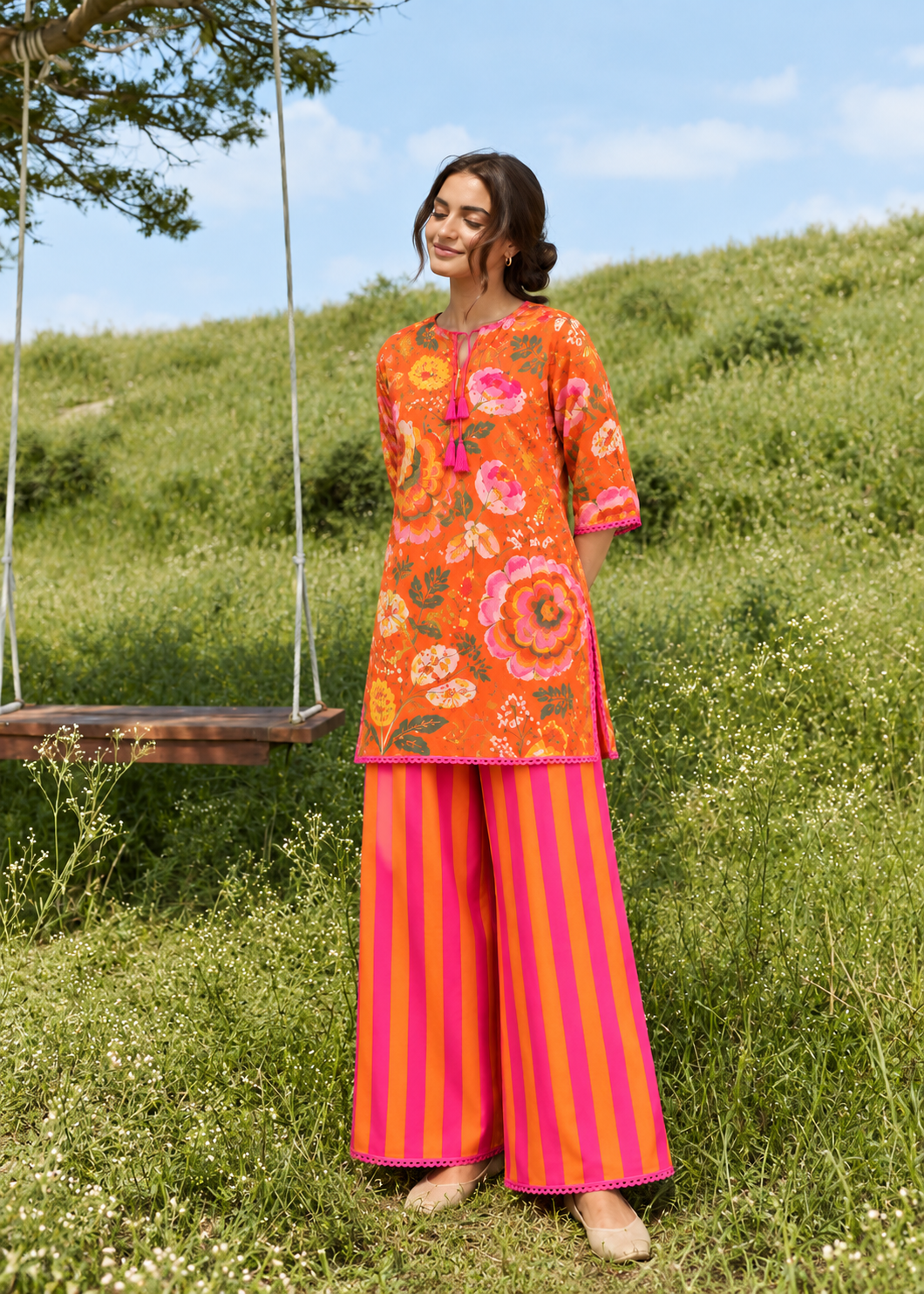 Tangerine Phoolwari Palazzo Co-ord Set