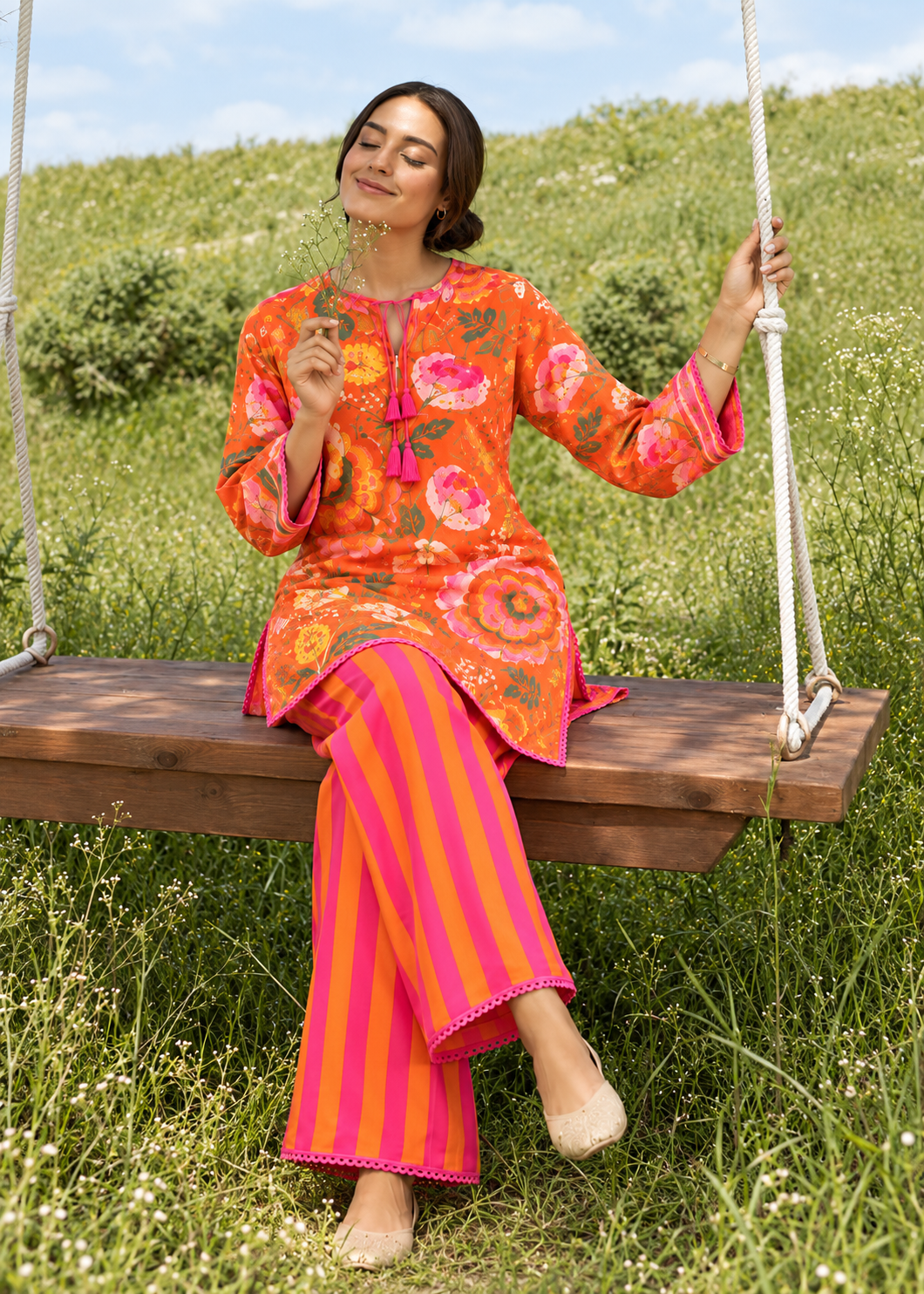 Tangerine Phoolwari Palazzo Co-ord Set