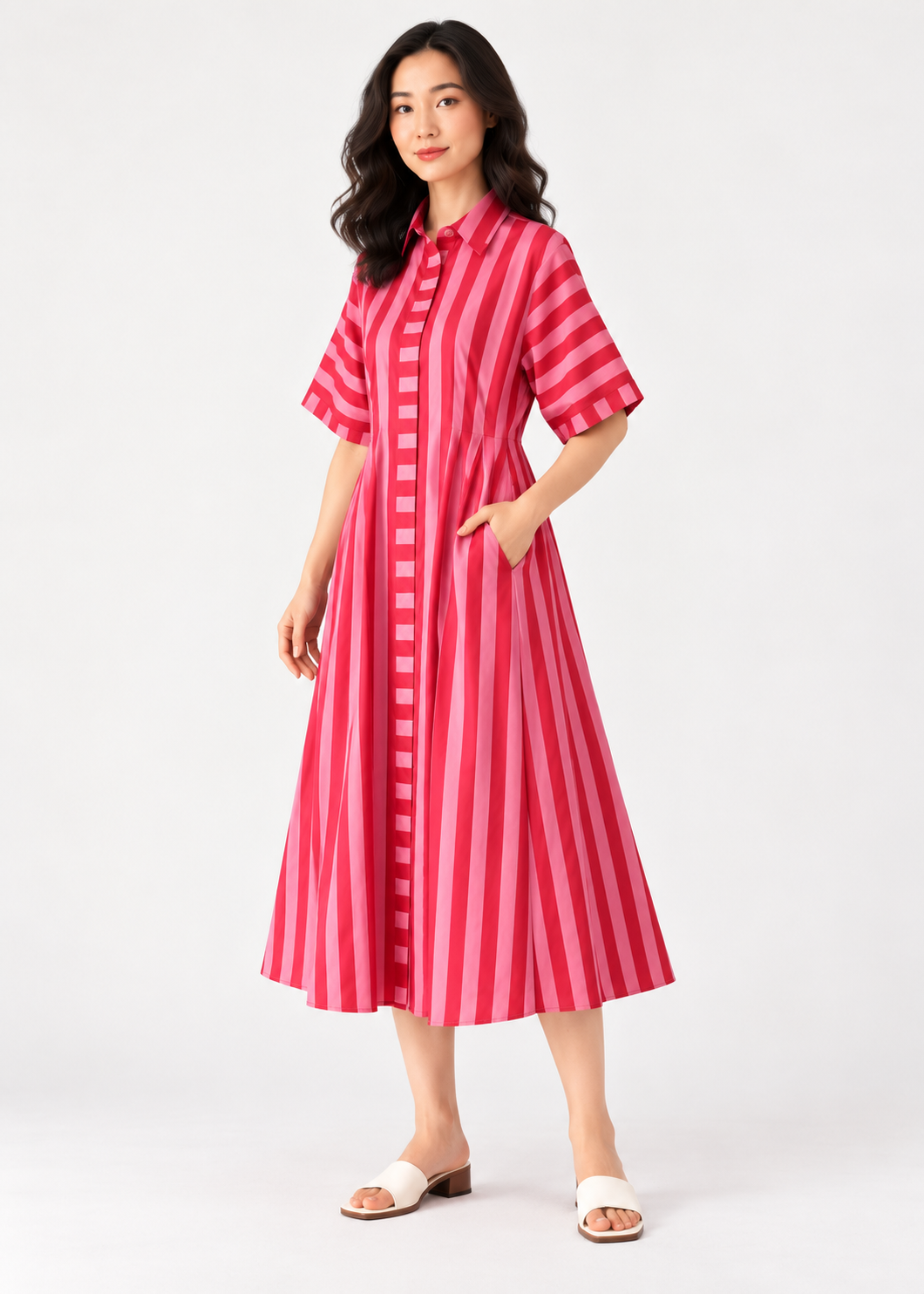 Cherry Striped Cotton Shirt Dress