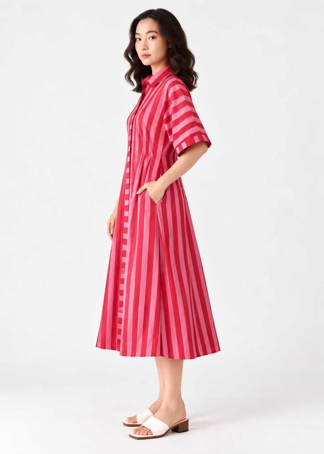 Cherry Striped Cotton Shirt Dress