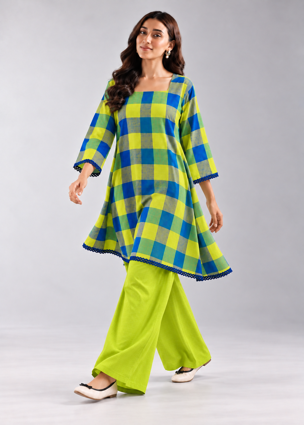 Lime Khana Check Wide-Leg Co-ord Set
