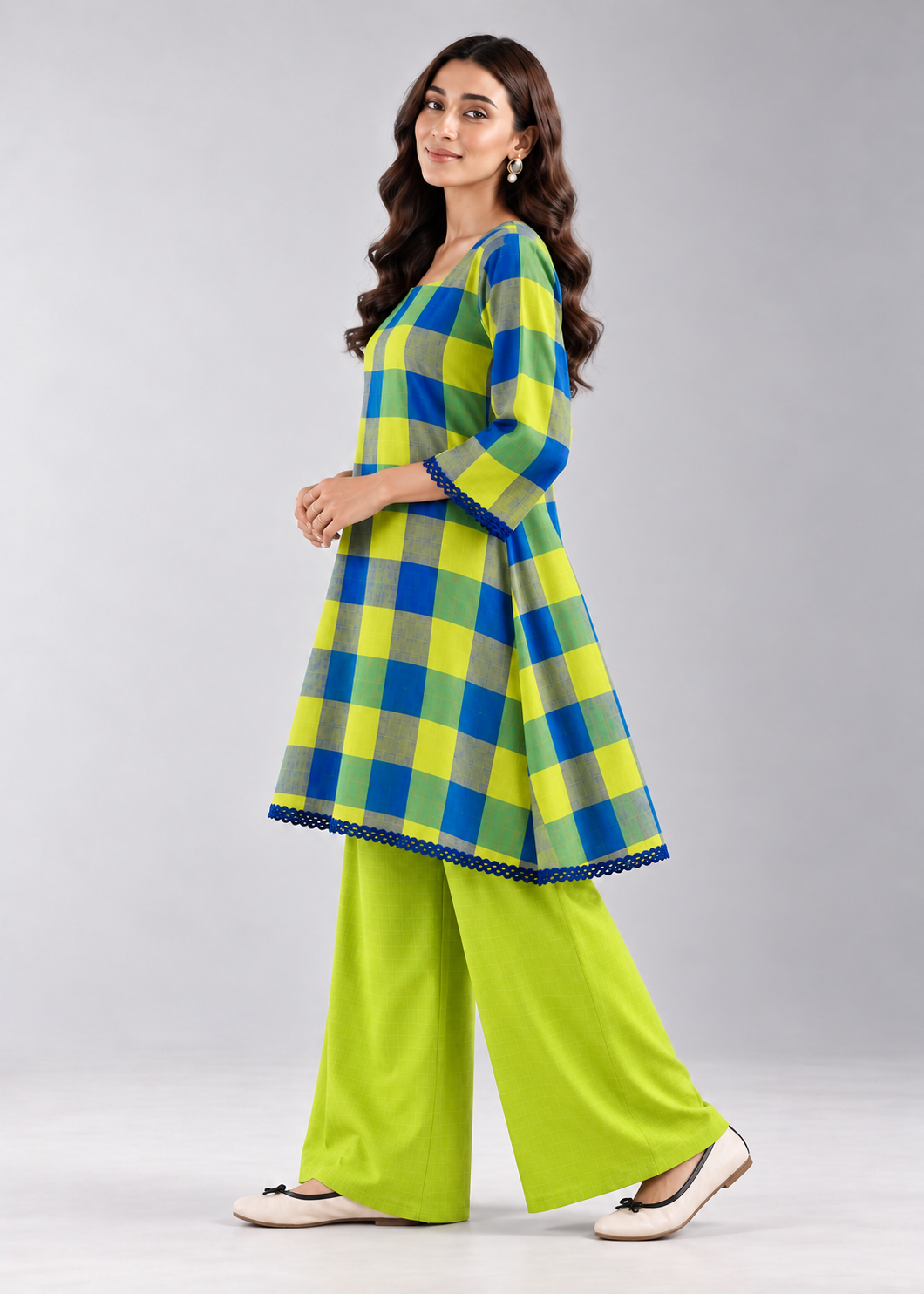 Lime Khana Check Wide-Leg Co-ord Set