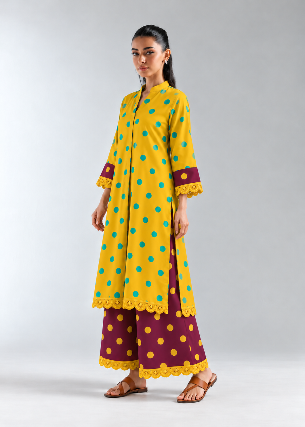 Mustard Wine Bindu Polka Palazzo Co-ord Set