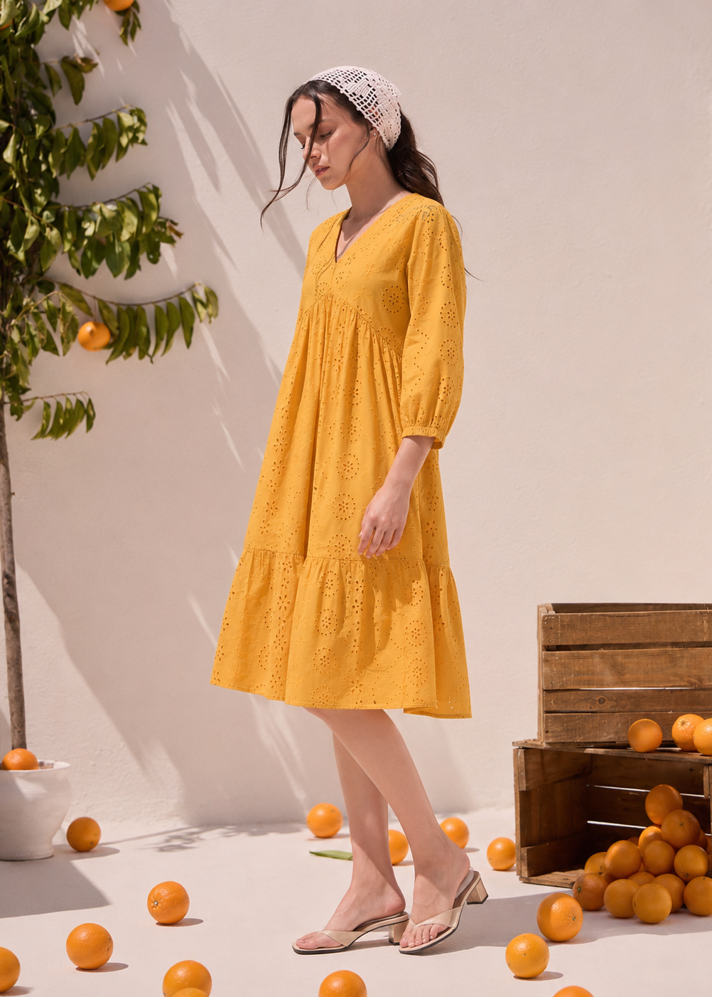 Mustard Schiffli Tiered A-Line Dress