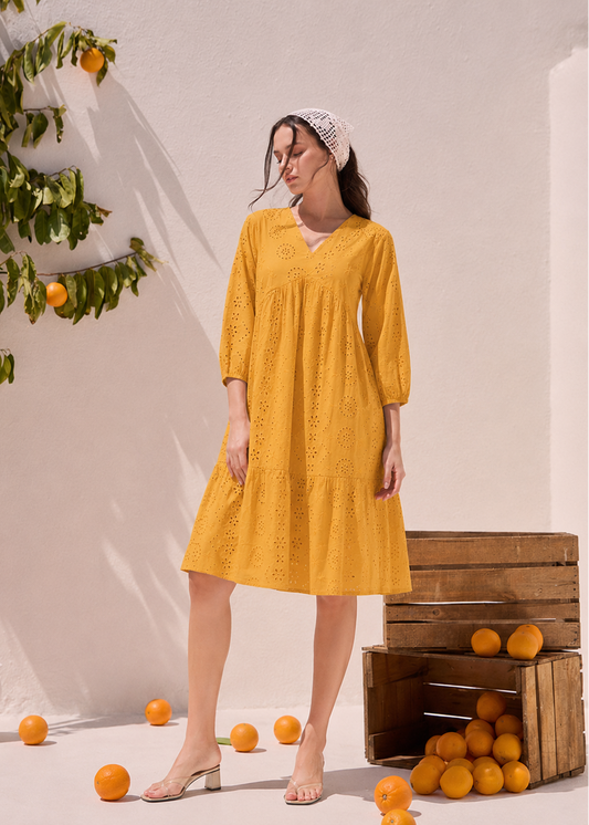 Mustard Schiffli Tiered A-Line Dress