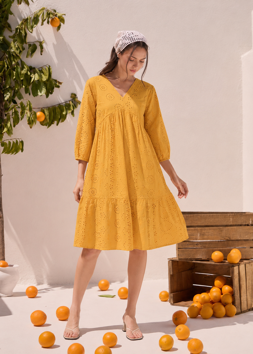 Mustard Schiffli Tiered A-Line Dress