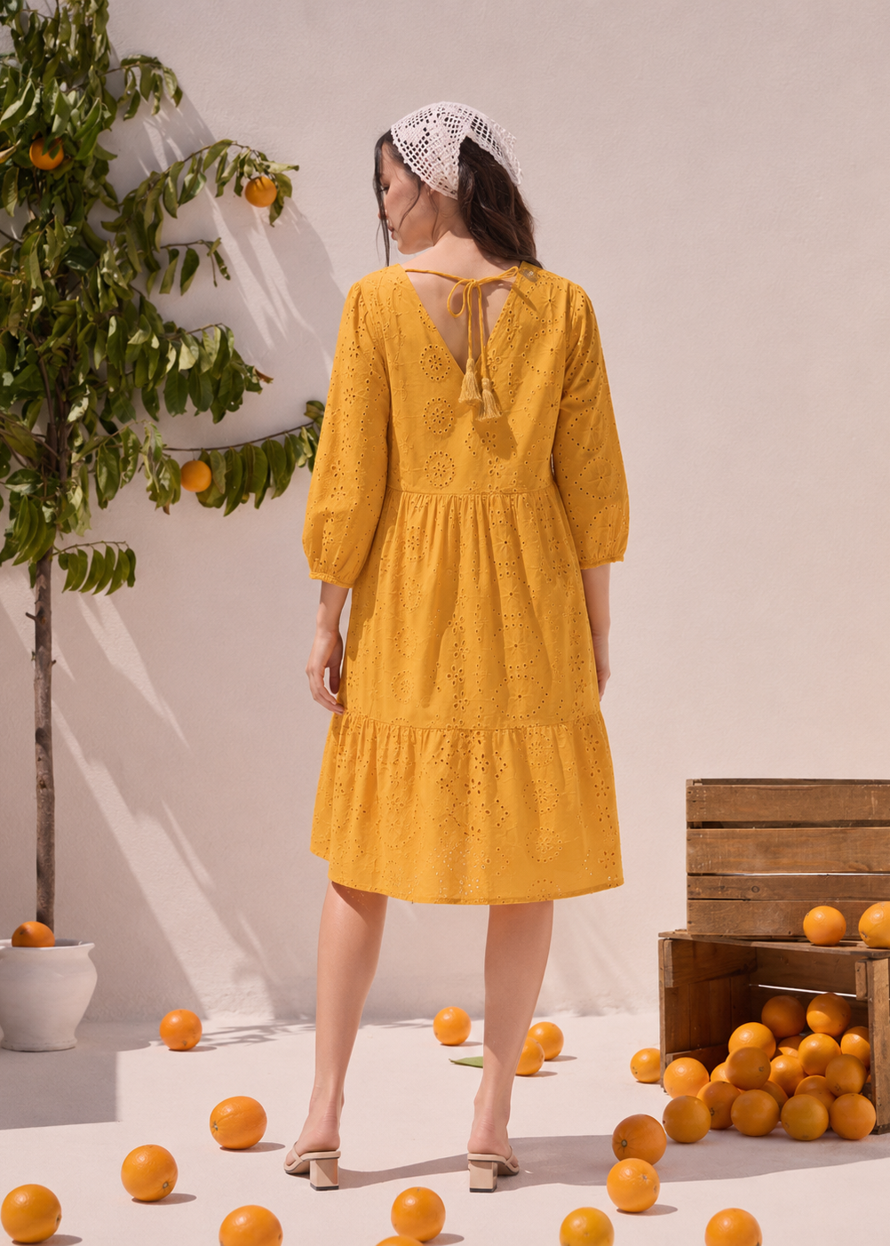 Mustard Schiffli Tiered A-Line Dress