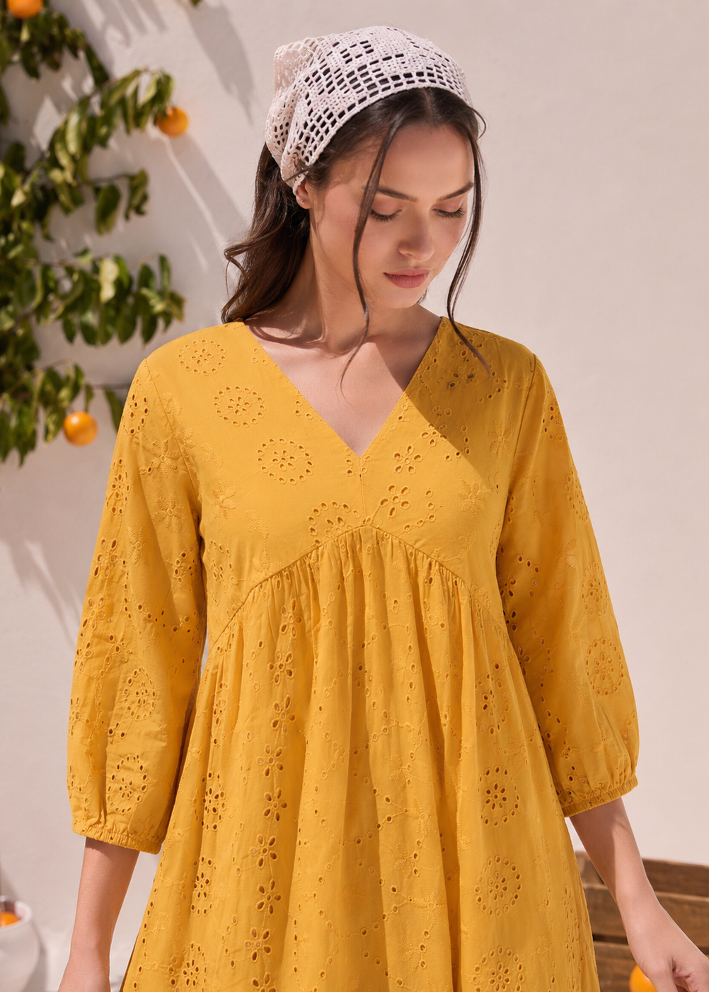 Mustard Schiffli Tiered A-Line Dress