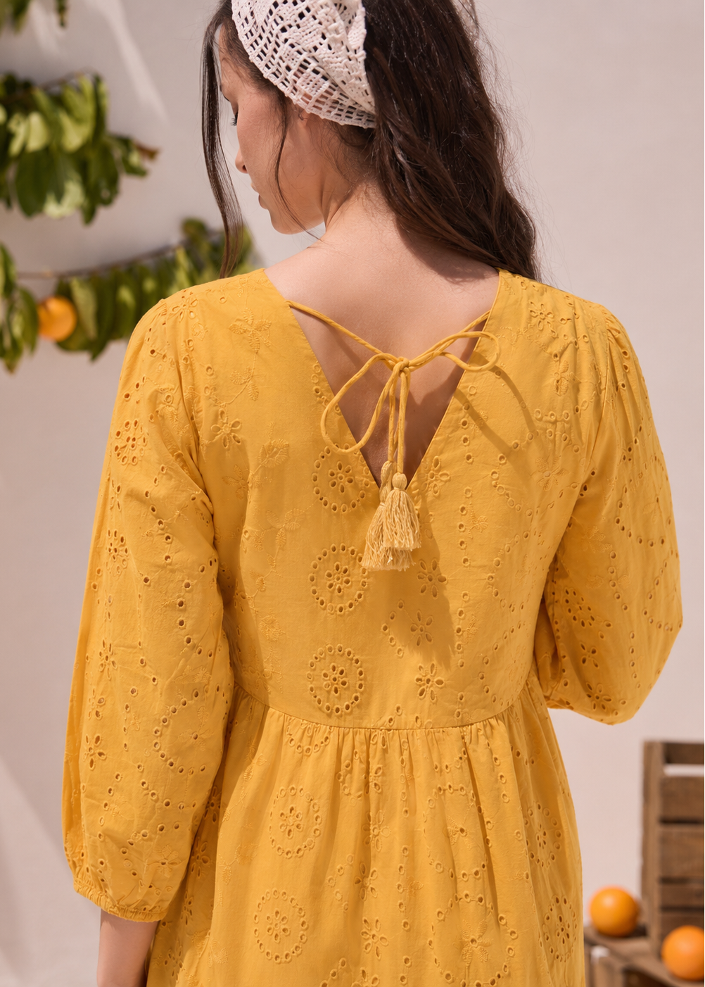 Mustard Schiffli Tiered A-Line Dress