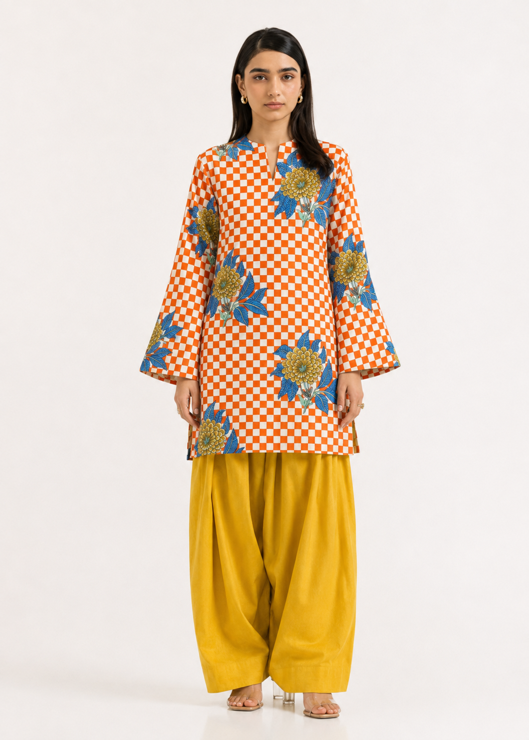 Floral Gingham Mustard Yellow Pure Cotton Farshi Salwar Co-Ord Set