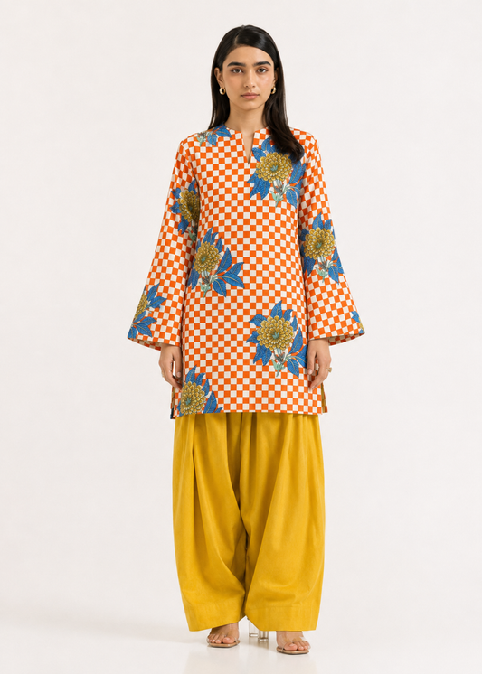 Floral Gingham Mustard Yellow Pure Cotton Farshi Salwar Co-Ord Set