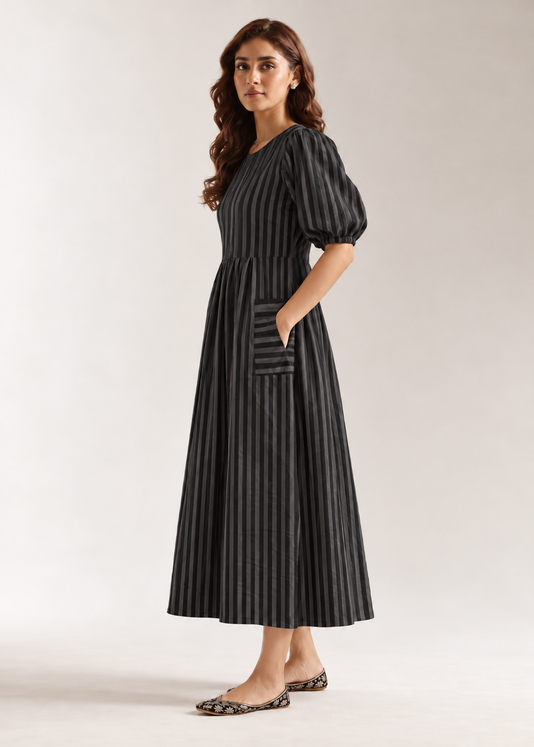 Midnight Striped Cotton Midi Dress