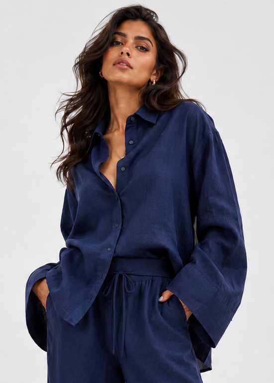 Navy Blue Linen-Blend Wide Shirt