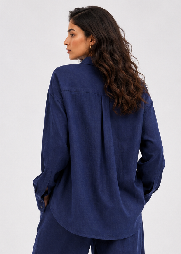 Navy Blue Linen-Blend Wide Shirt