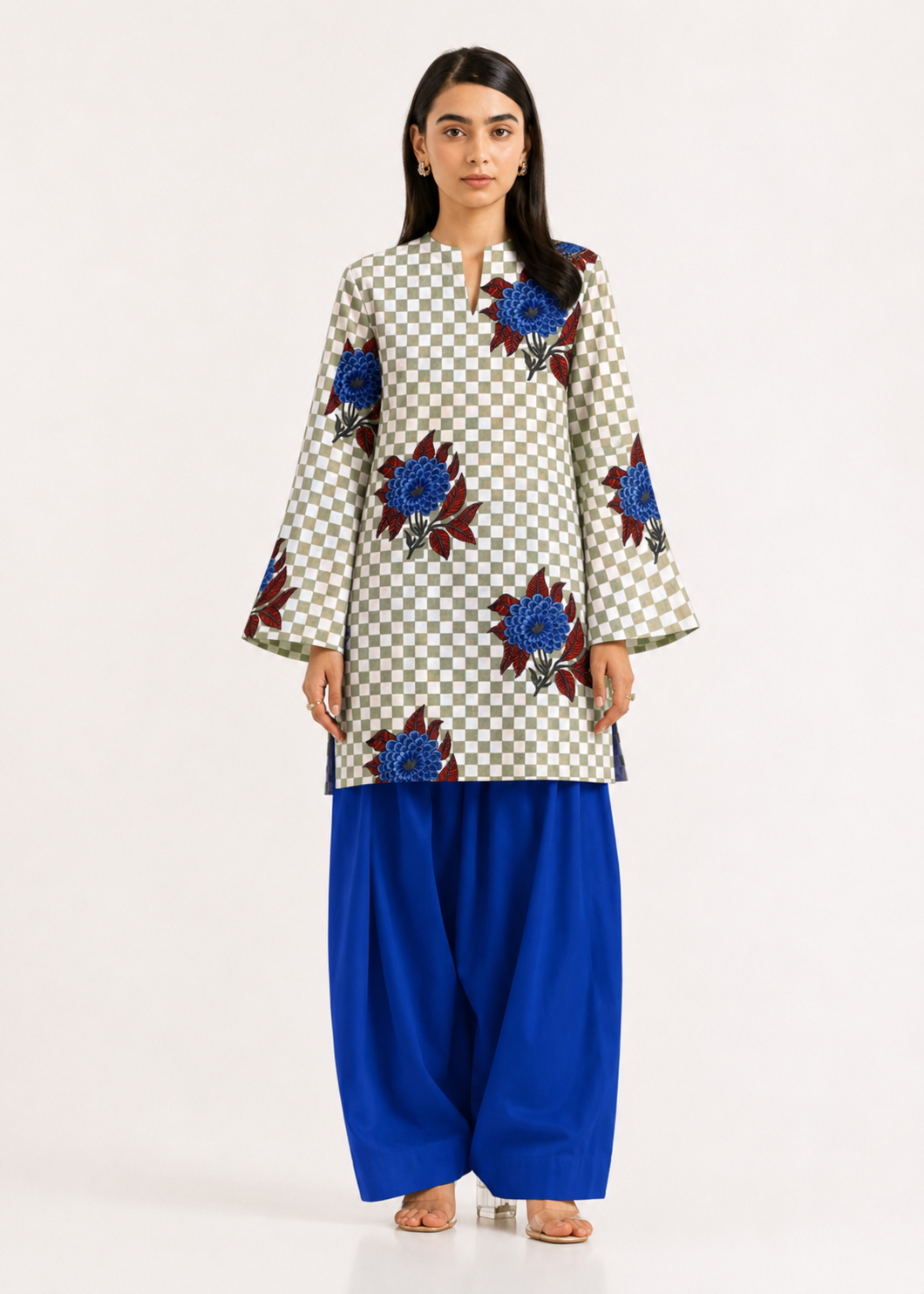 Floral Gingham Navy Pure Cotton Farshi Salwar Co-Ord Set