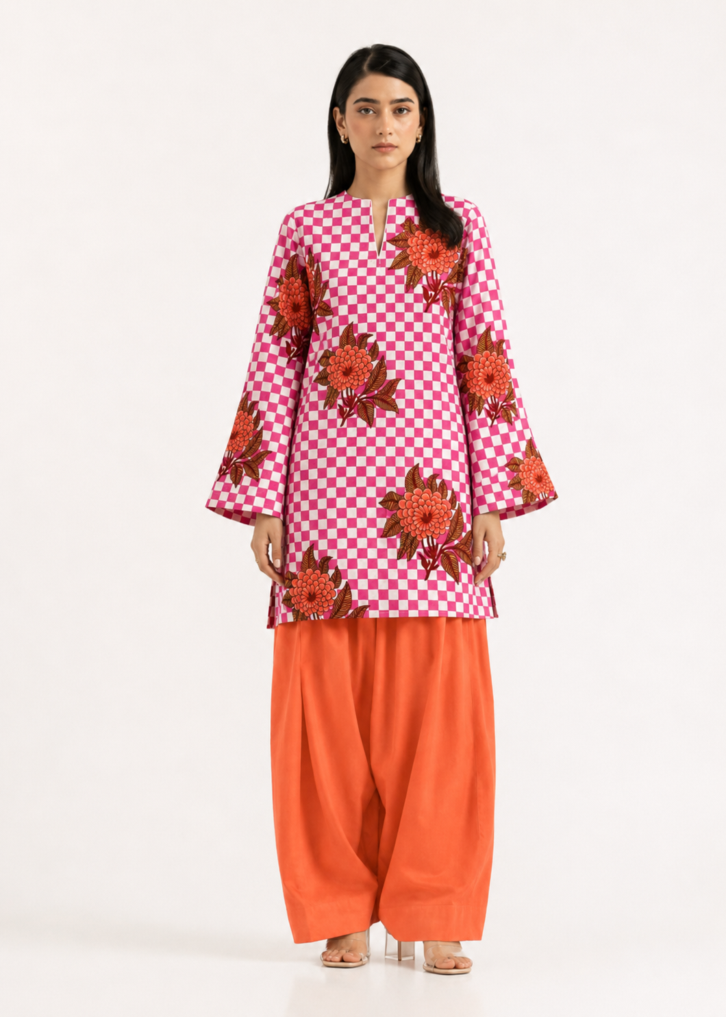Floral Gingham Orange Pure Cotton Farshi Salwar Co-Ord Set