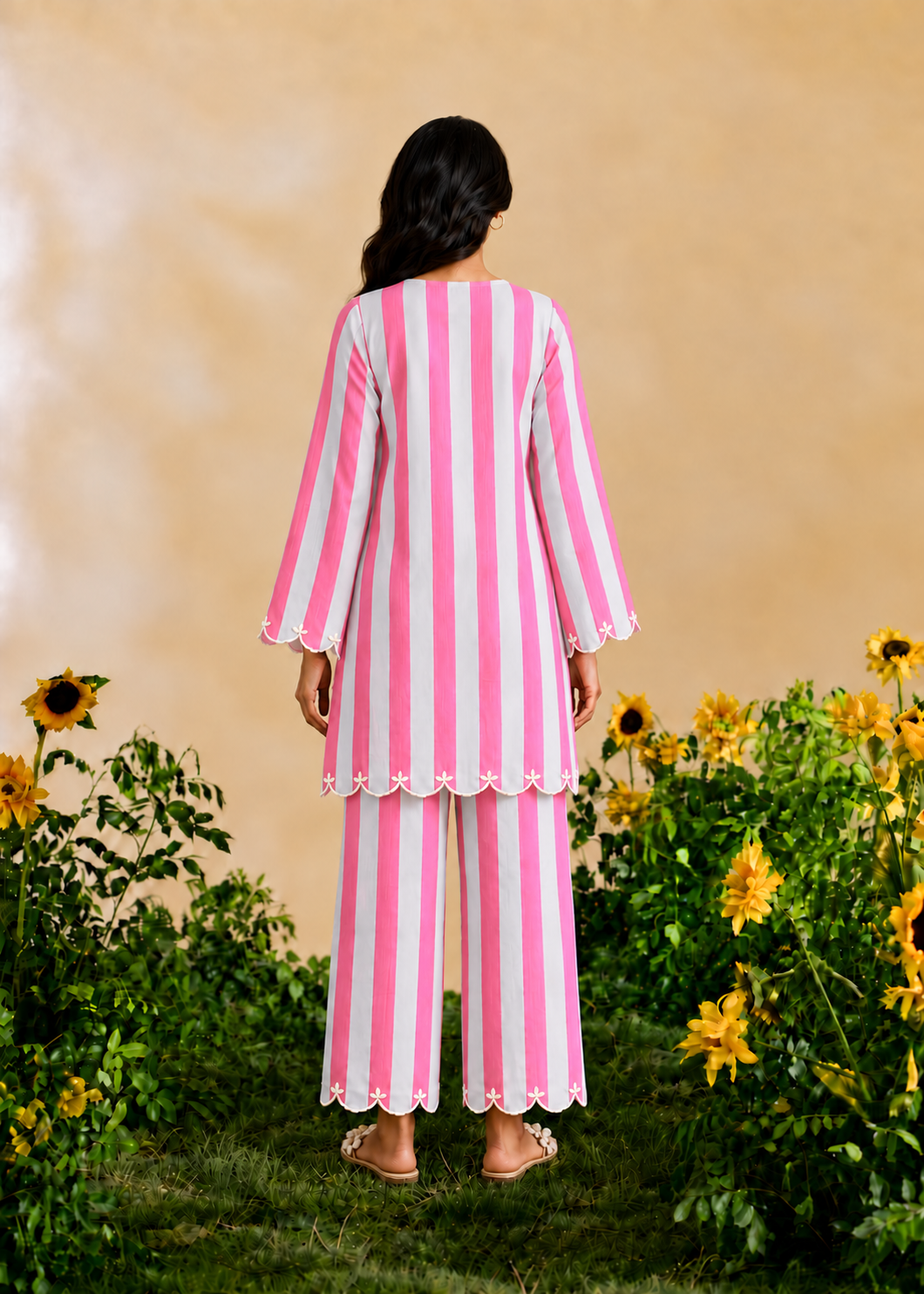 Firoza Fuchsia Pink and Hue of Blue Stripe Embroidered Cotton Co-ord Set