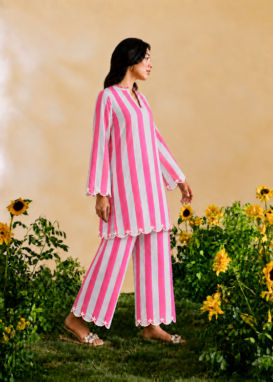 Firoza Fuchsia Pink and Hue of Blue Stripe Embroidered Cotton Co-ord Set