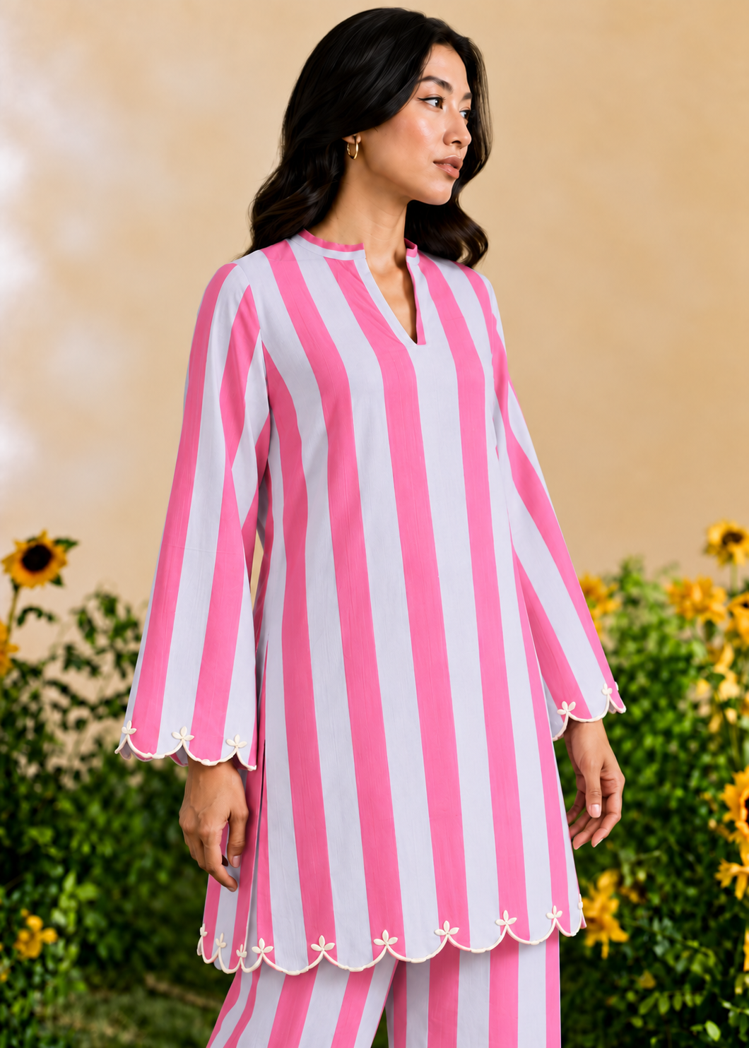 Firoza Fuchsia Pink and Hue of Blue Stripe Embroidered Cotton Co-ord Set
