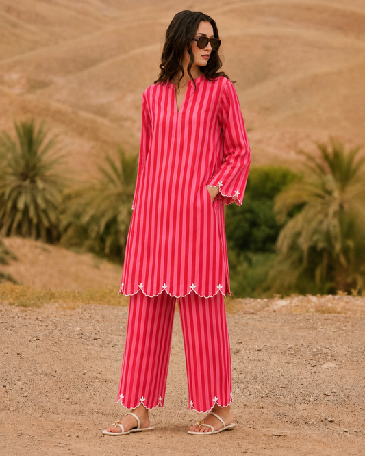 Gulnaar Fuchsia Stripe Embroidered Cotton Co-ord Set
