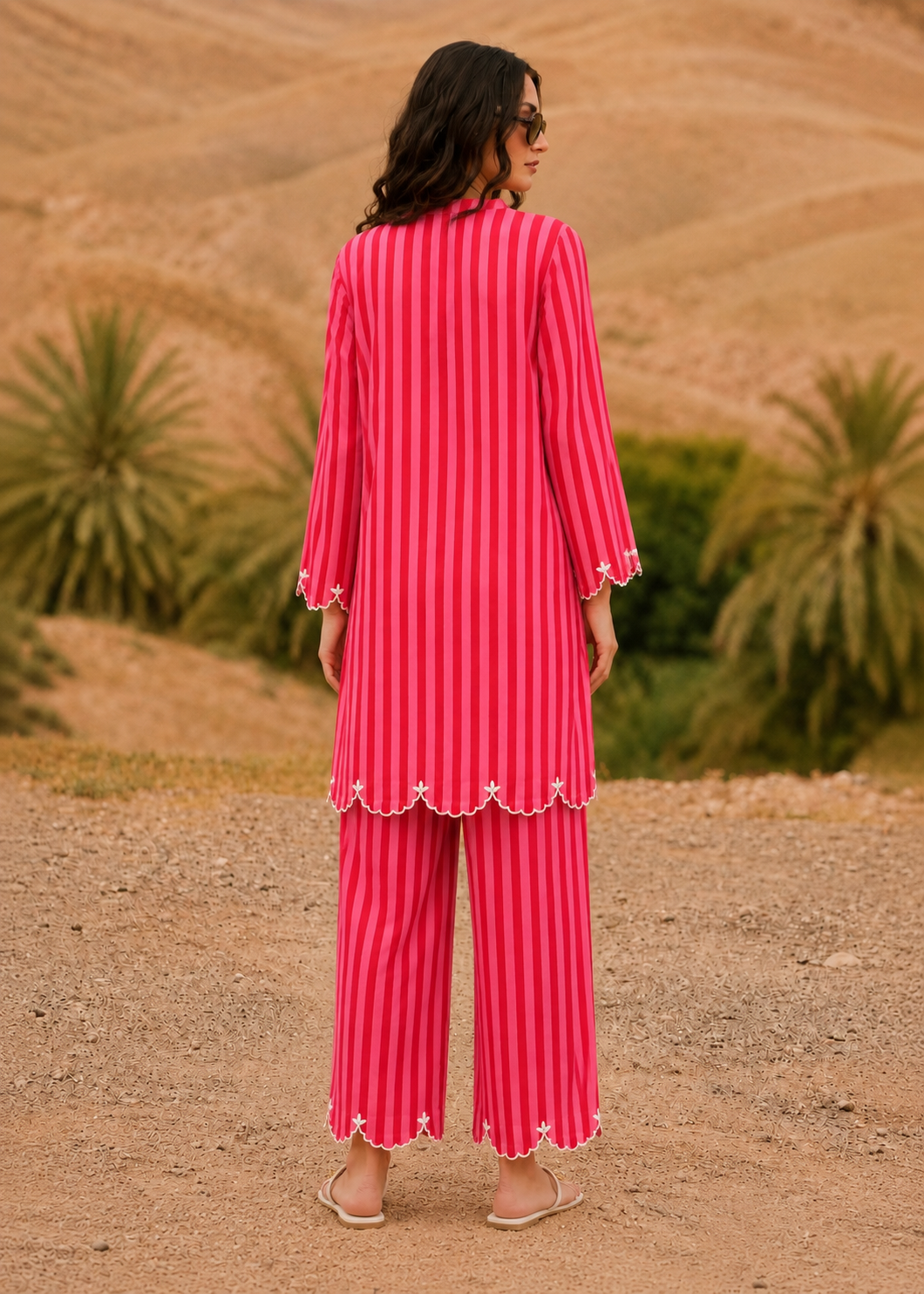 Gulnaar Fuchsia Stripe Embroidered Cotton Co-ord Set