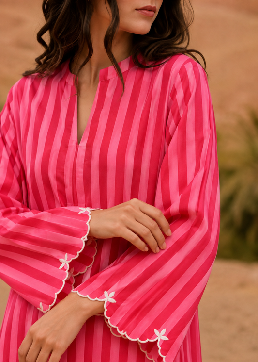 Gulnaar Fuchsia Stripe Embroidered Cotton Co-ord Set