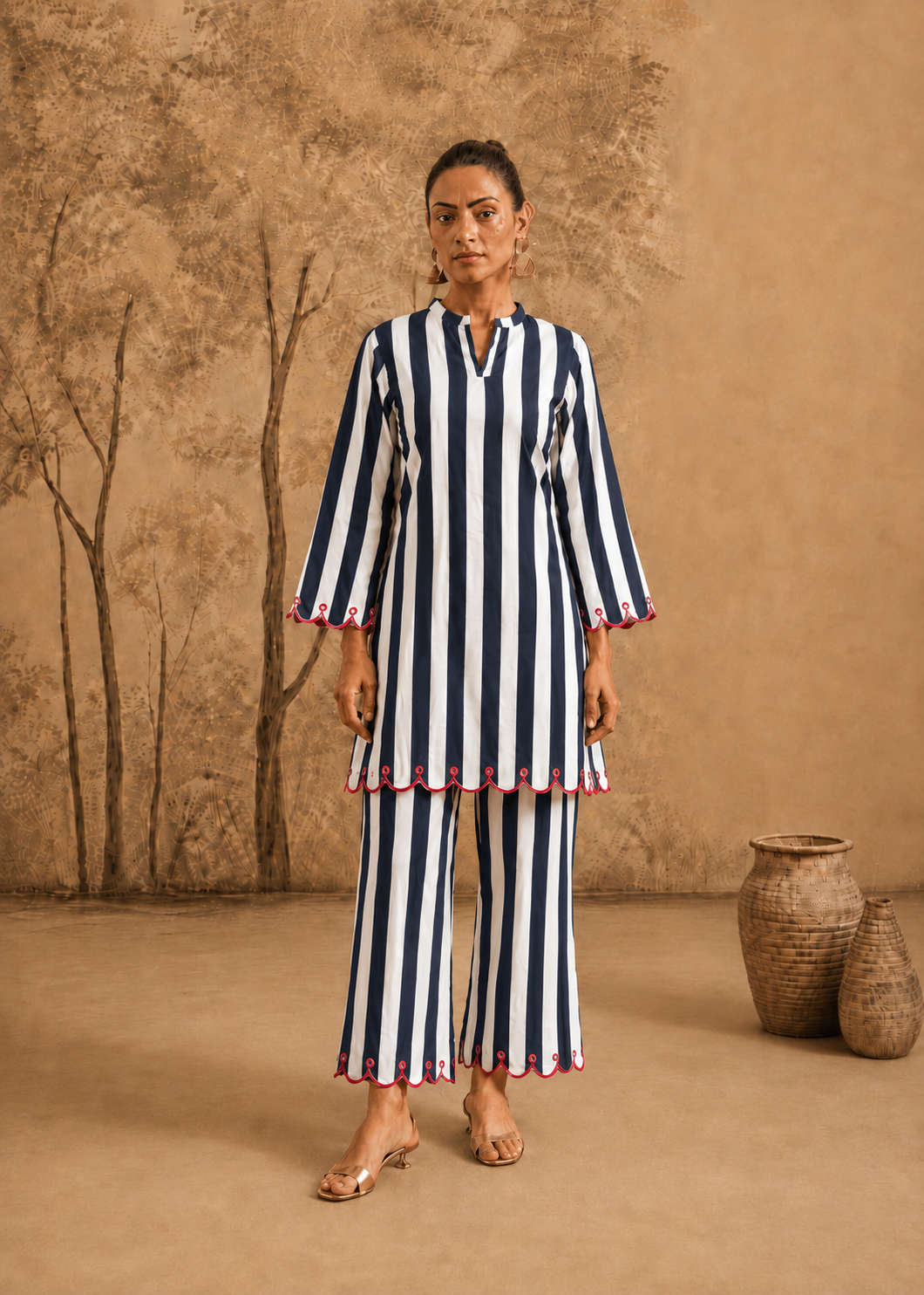 Neelika Navy Stripe Embroidered Cotton Co-ord Set