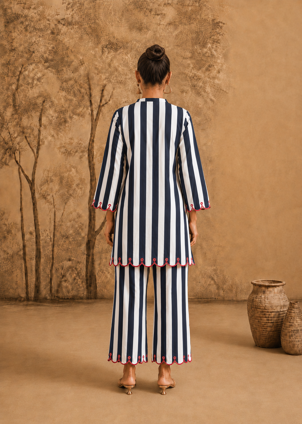 Neelika Navy Stripe Embroidered Cotton Co-ord Set