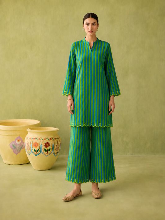 Tarini Blue Green Stripe Embroidered Cotton Co-ord Set