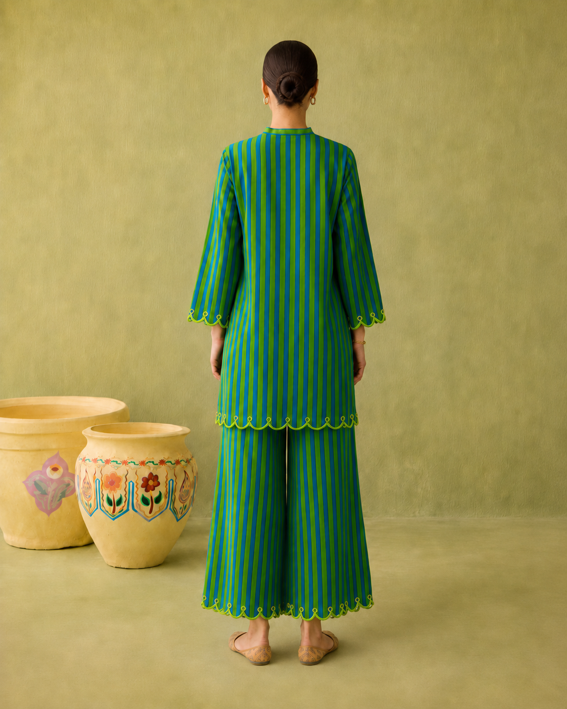 Tarini Blue Green Stripe Embroidered Cotton Co-ord Set