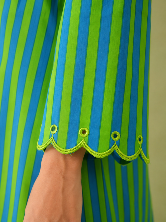 Tarini Blue Green Stripe Embroidered Cotton Co-ord Set