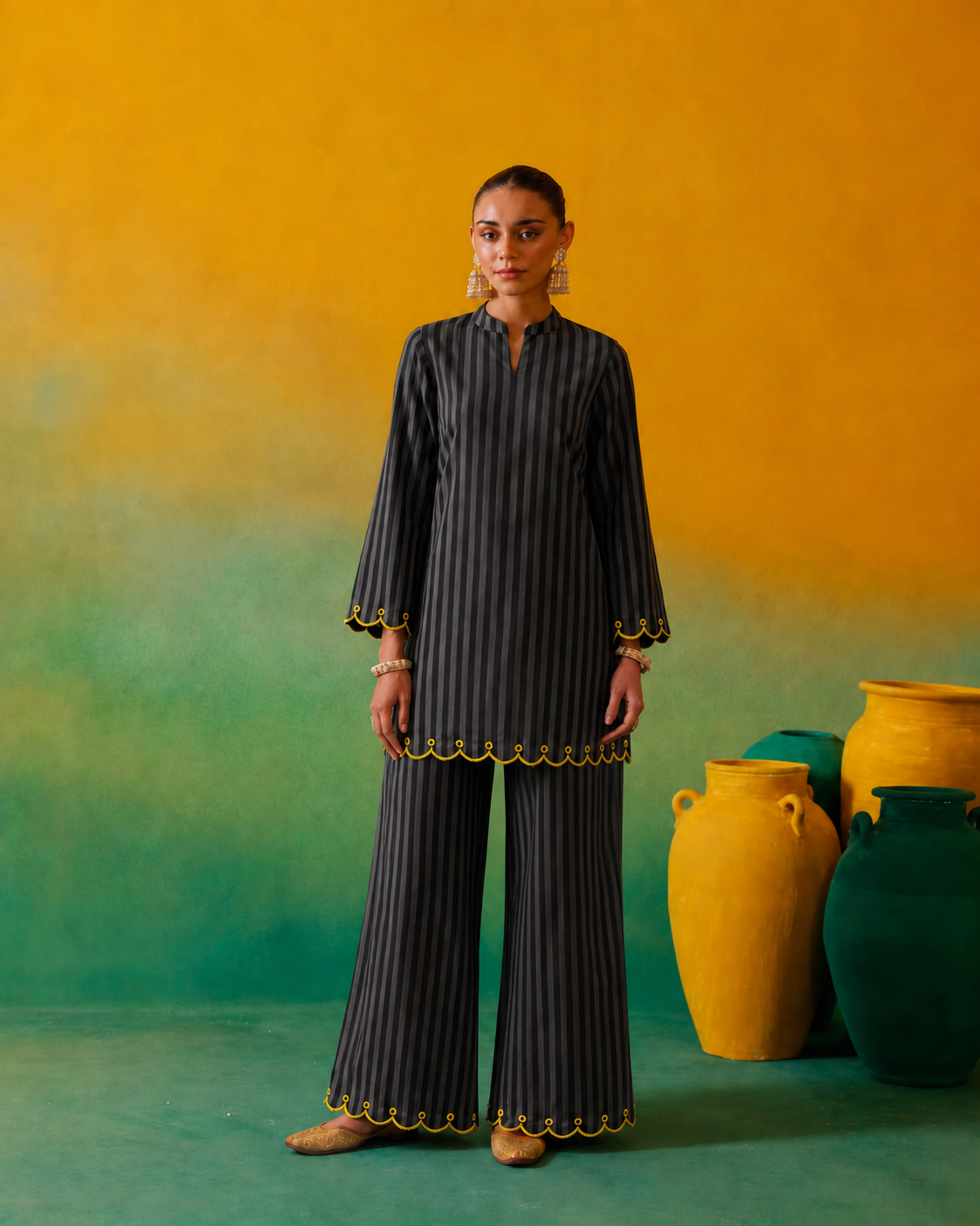 Kashvi Charcoal Stripe Embroidered Cotton Co-ord Set