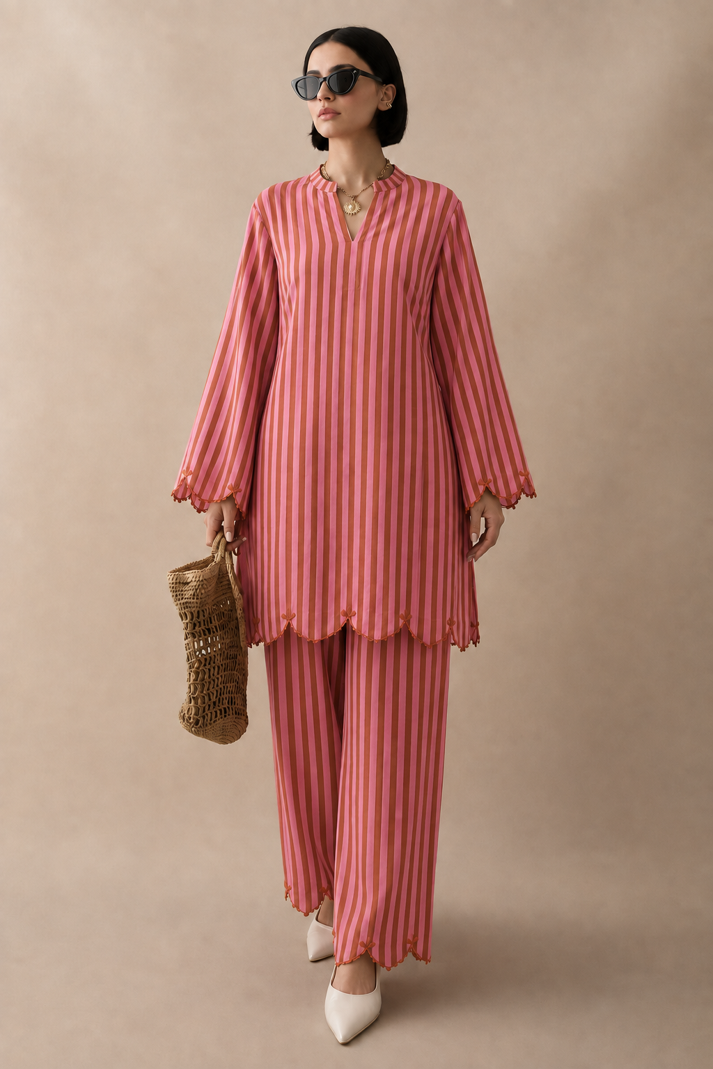 Mahira Rose Pink and Gold Stripe Embroidered Cotton Co-ord Set
