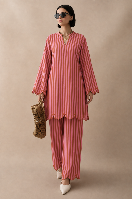 Mahira Rose Pink and Gold Stripe Embroidered Cotton Co-ord Set