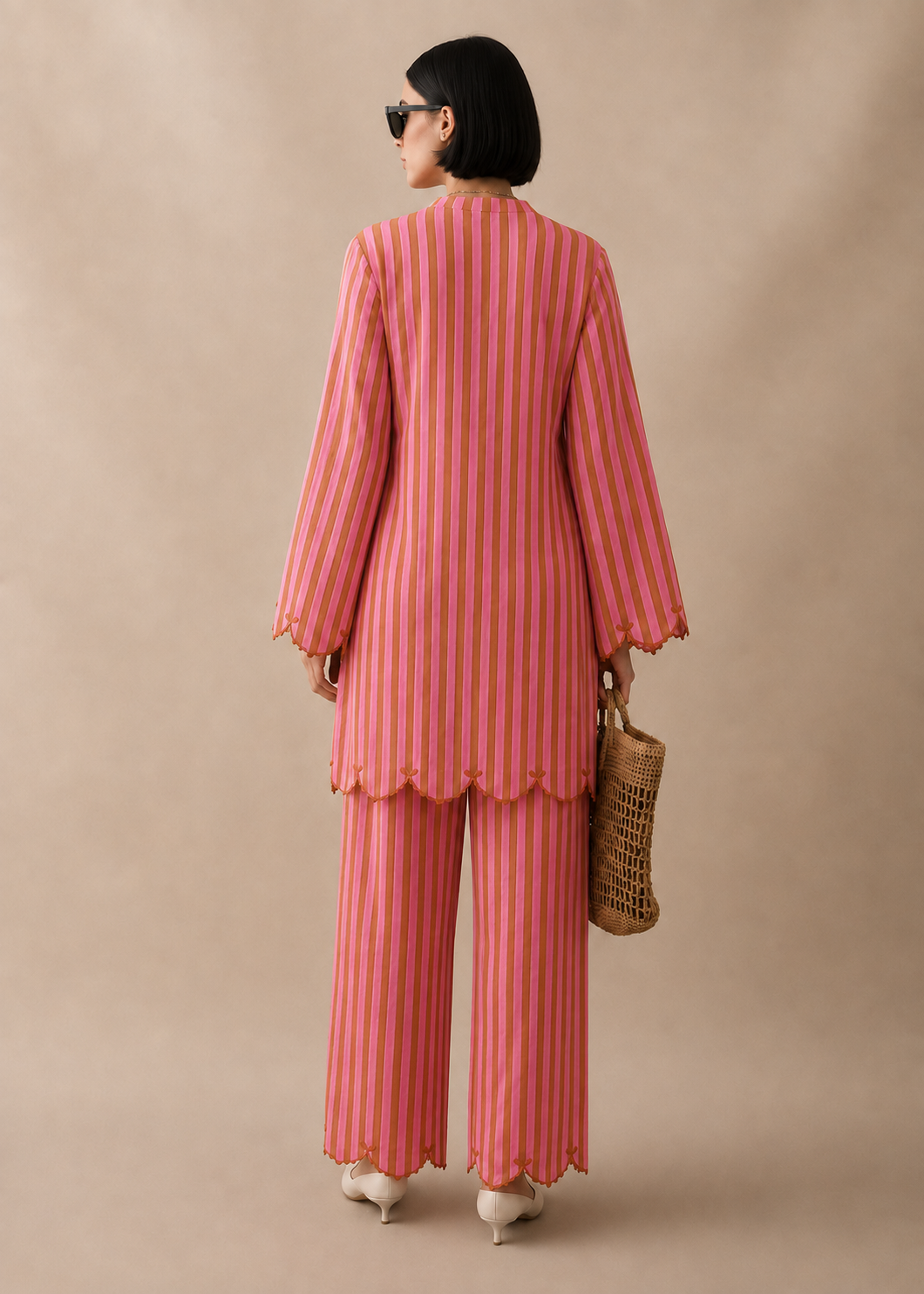 Mahira Rose Pink and Gold Stripe Embroidered Cotton Co-ord Set