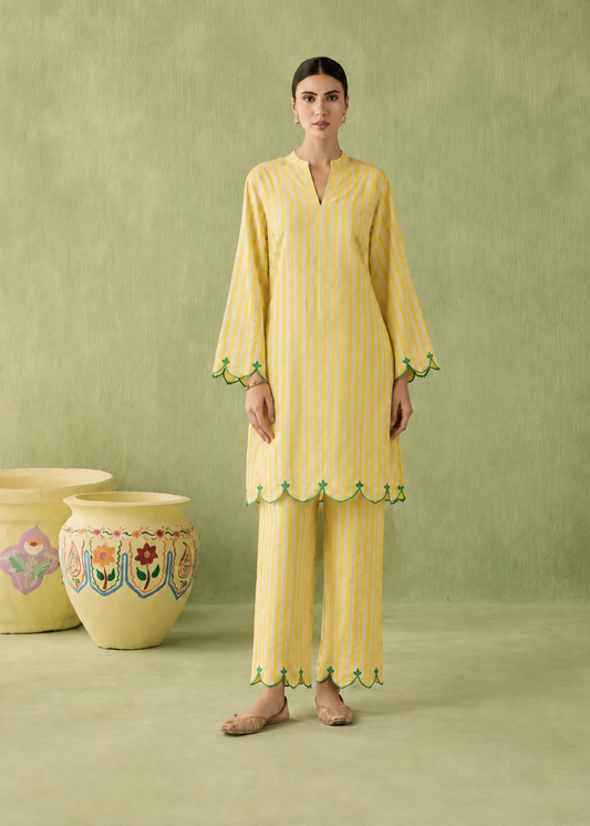 Basanti Sunshine Yellow Stripe Embroidered Cotton Co-ord Set