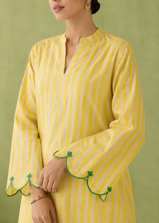 Basanti Sunshine Yellow Stripe Embroidered Cotton Co-ord Set