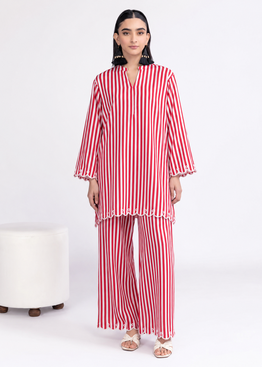 Ruhani Scarlet Stripe Embroidered Cotton Co-ord Set