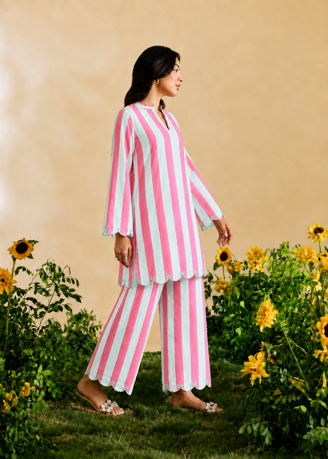 Firoza Fuchsia Pink and Hue of Blue Stripe Embroidered Cotton Co-ord Set
