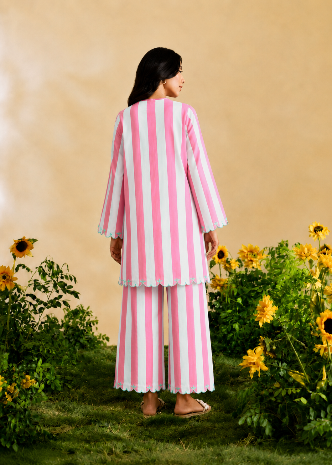 Firoza Fuchsia Pink and Hue of Blue Stripe Embroidered Cotton Co-ord Set
