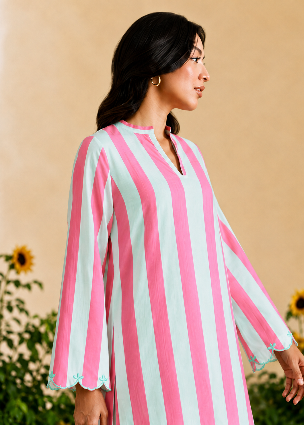 Firoza Fuchsia Pink and Hue of Blue Stripe Embroidered Cotton Co-ord Set