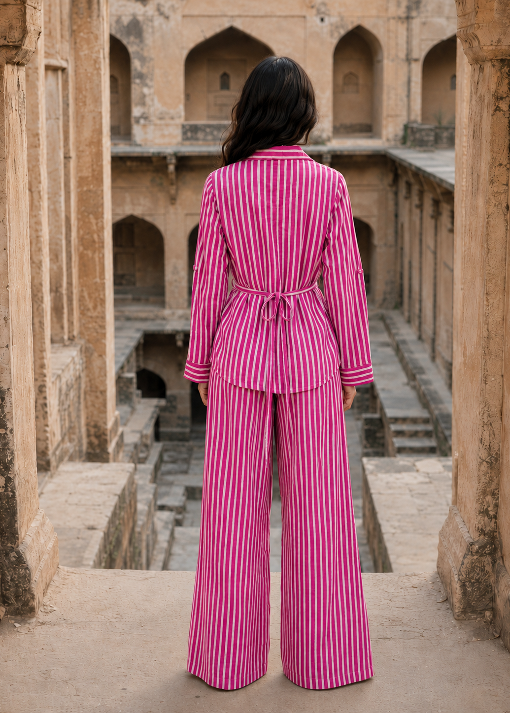 Person wearing a pink striped outfit standing in an ancient architectural setting.
