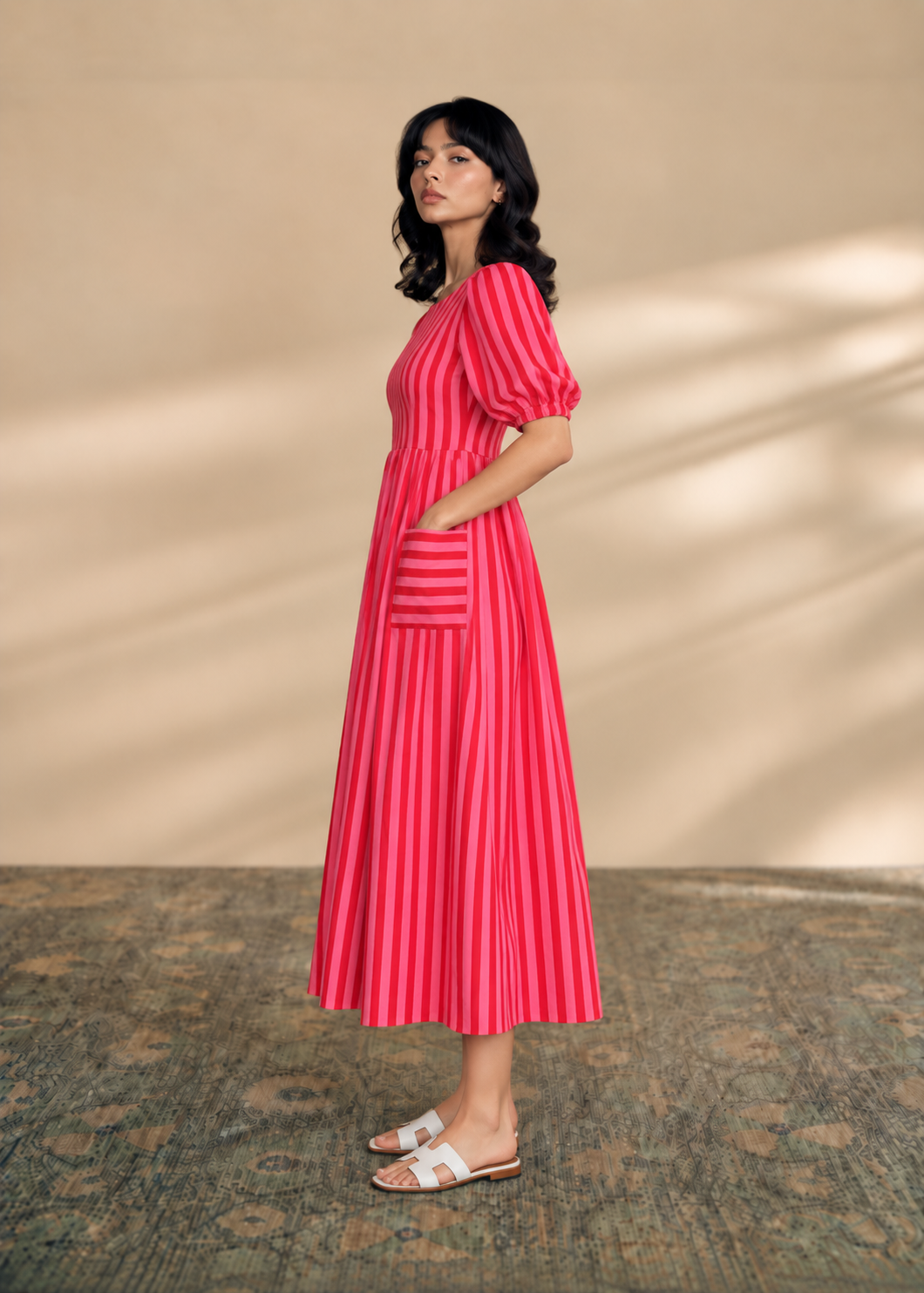 Raspberry Striped Cotton Midi Dress