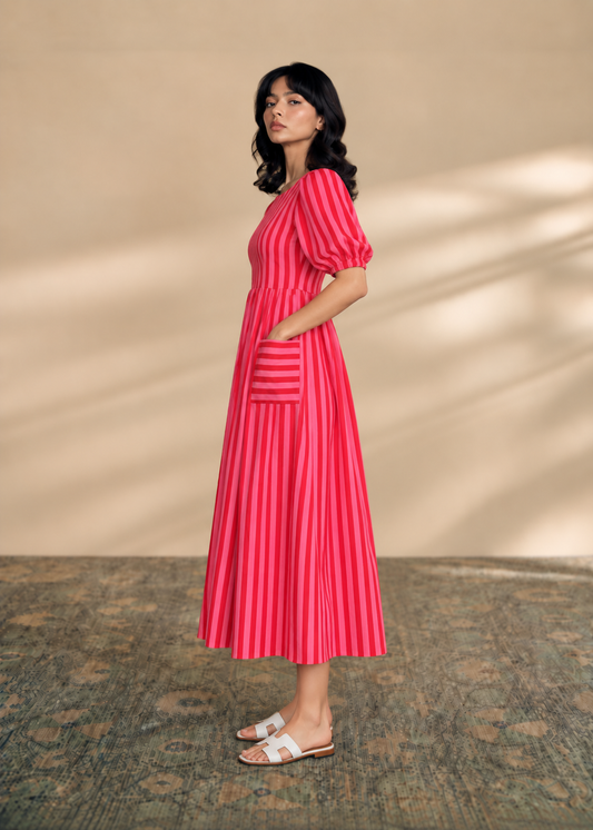 Raspberry Striped Cotton Midi Dress