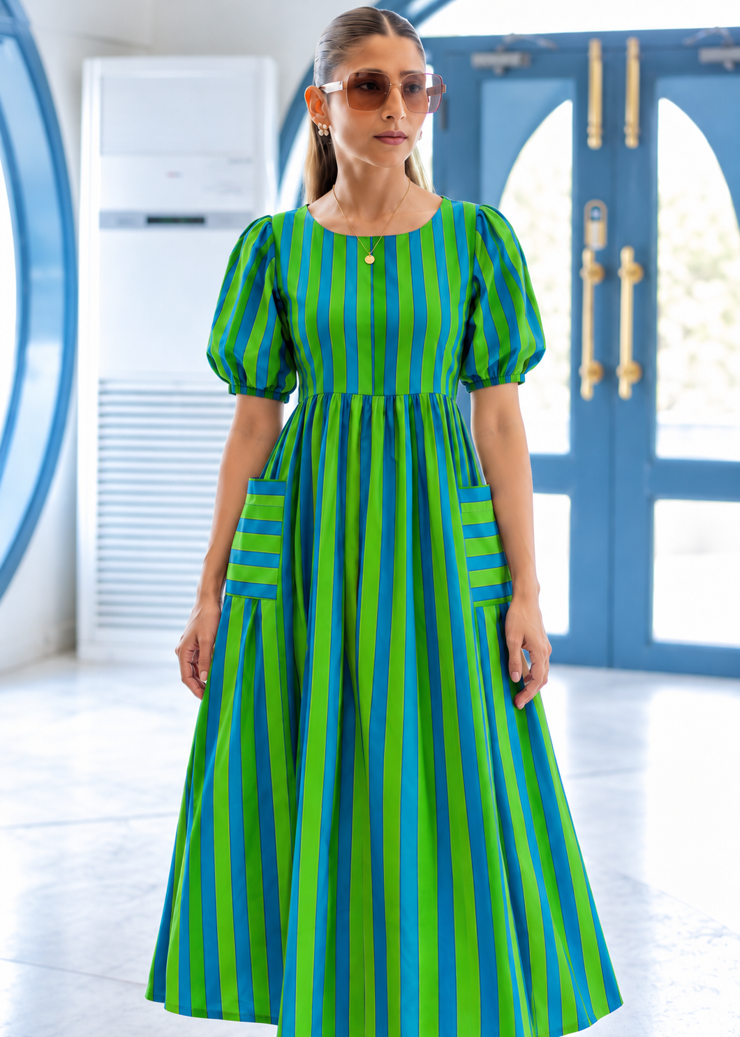 Lagoon Striped Cotton Midi Dress