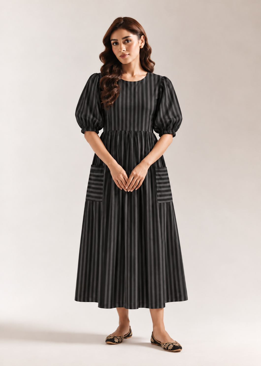 Midnight Striped Cotton Midi Dress