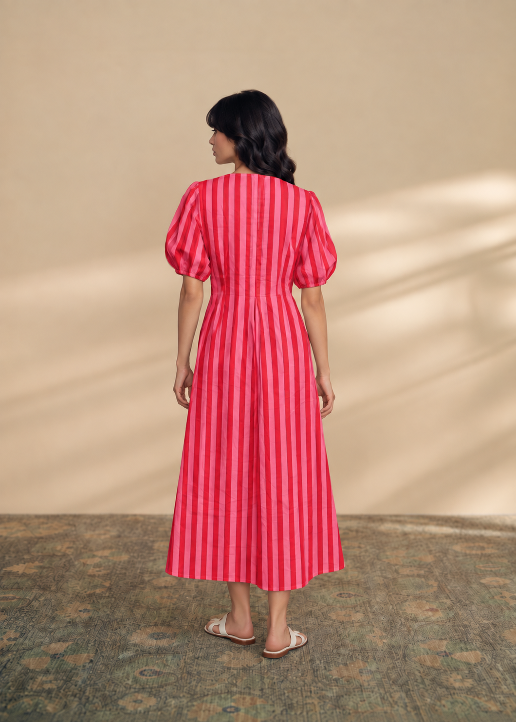 Raspberry Striped Cotton Midi Dress