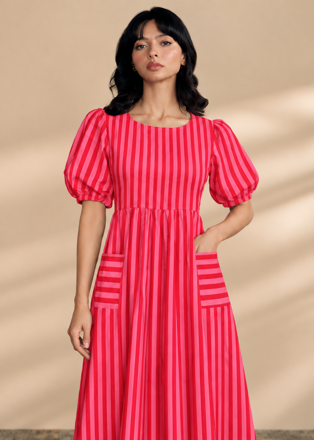 Raspberry Striped Cotton Midi Dress