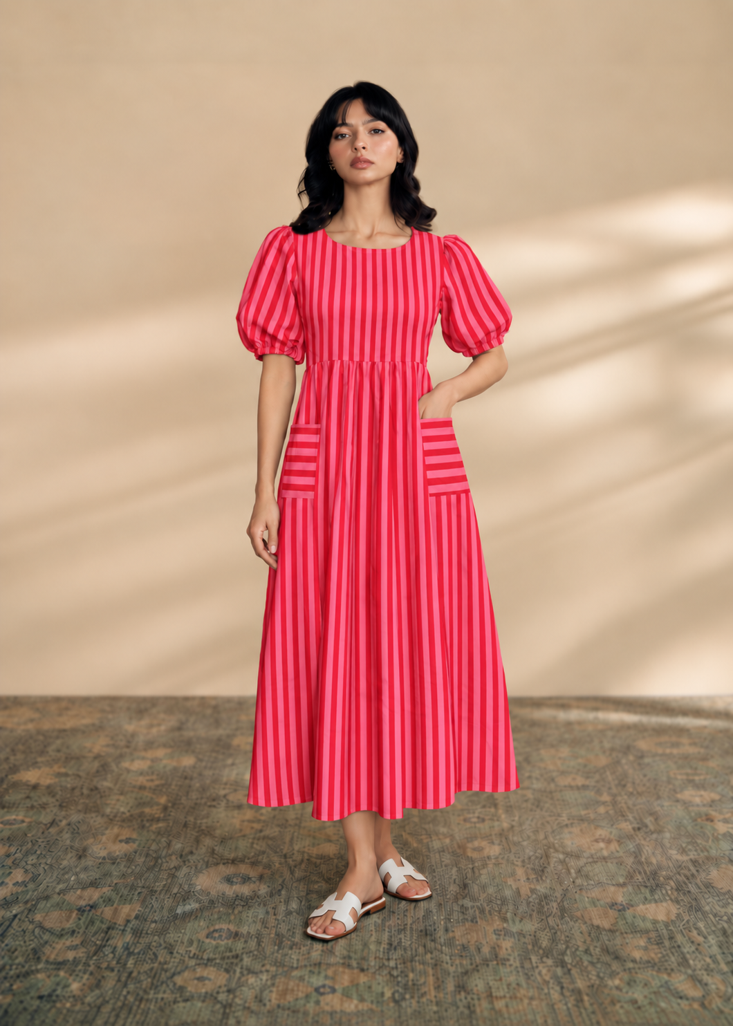 Raspberry Striped Cotton Midi Dress