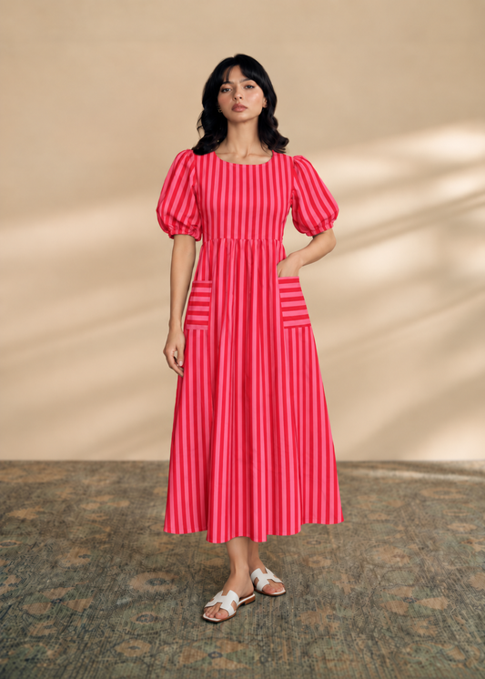 Raspberry Striped Cotton Midi Dress